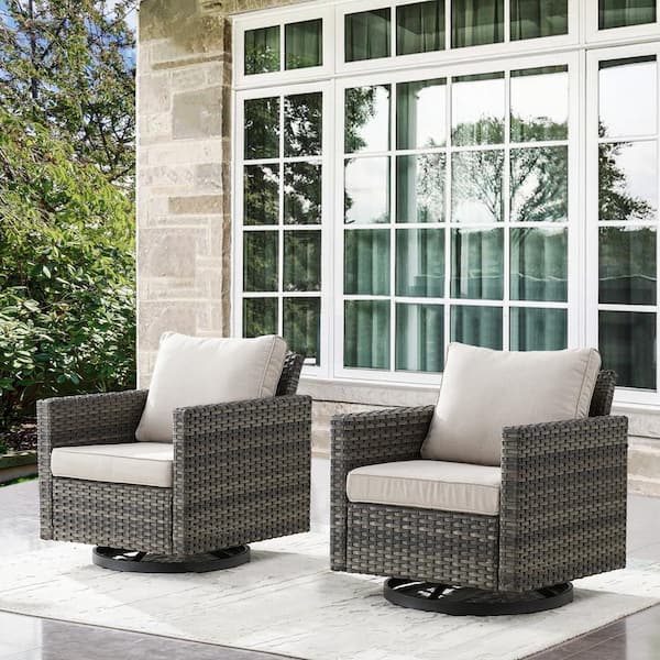 Opohoro Gray Wicker Outdoor Rocking Chair, Patio Swivel Gliders with Beige Cushions for Porch or Balcony (2-Pack)