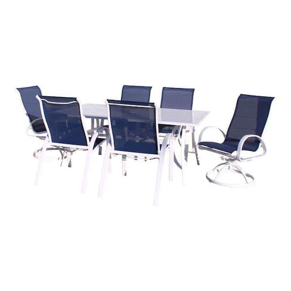 Courtyard Casual Santa Fe 7-Piece Aluminum Outdoor Dining Set in White with 84 in. Rectangle Table, 2 Swivel Rockers and 4 Sling Chairs