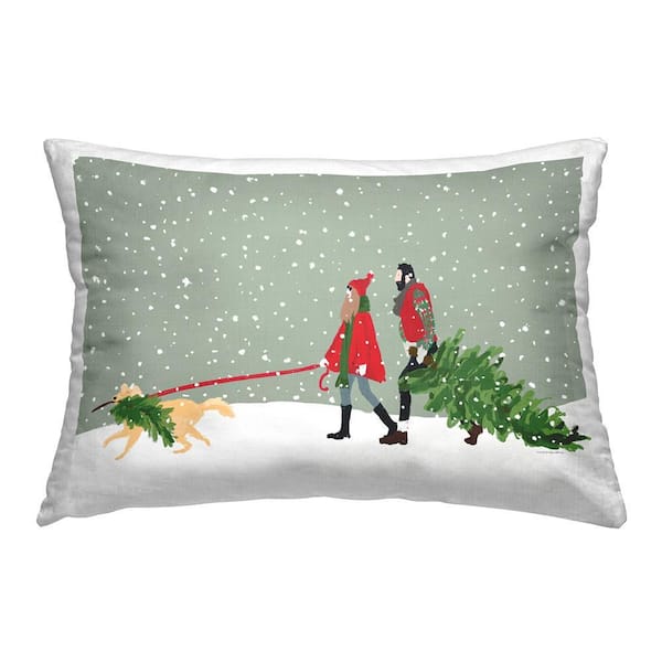 Couple and Christmas Tree Green Print Polyester 14in. X 20in. Throw Pillow