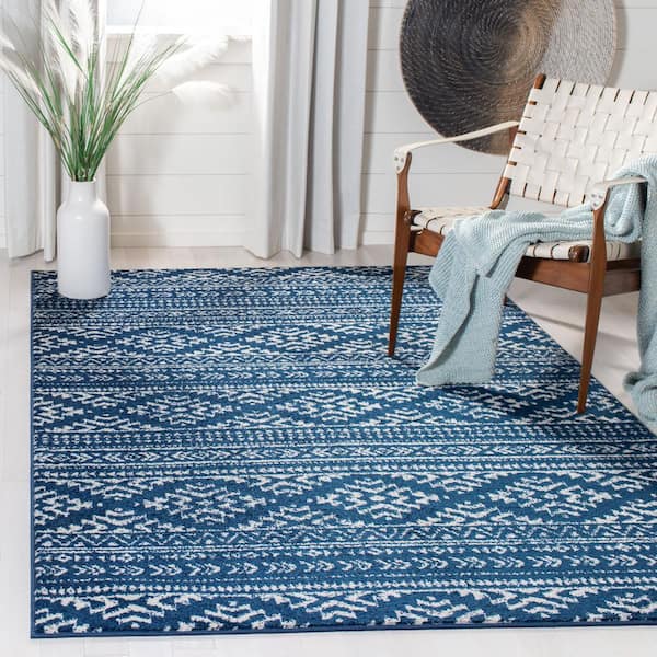 Tulum Navy/Ivory 9 ft. x 12 ft. Striped Tribal Geometric Area Rug