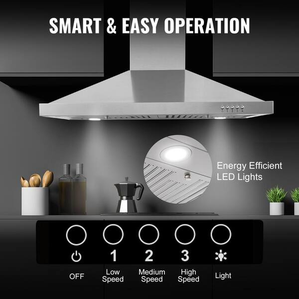 SKYSHALO Wall Mount Range Hood Ductless Chimney Style Kitchen Stove Vent Stainless Steel Filter with 3 Speed Exhaust Fan D30INCH200CFMR2IMV10708