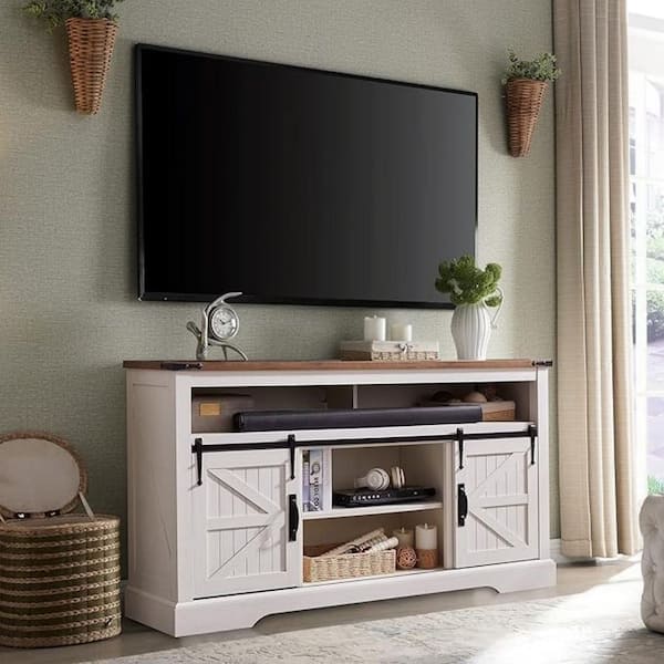 Antique White TV Stand Living Room Hub Fits TV's up to 70 in. with Sliding Barn Doors and Adjustable Shelves