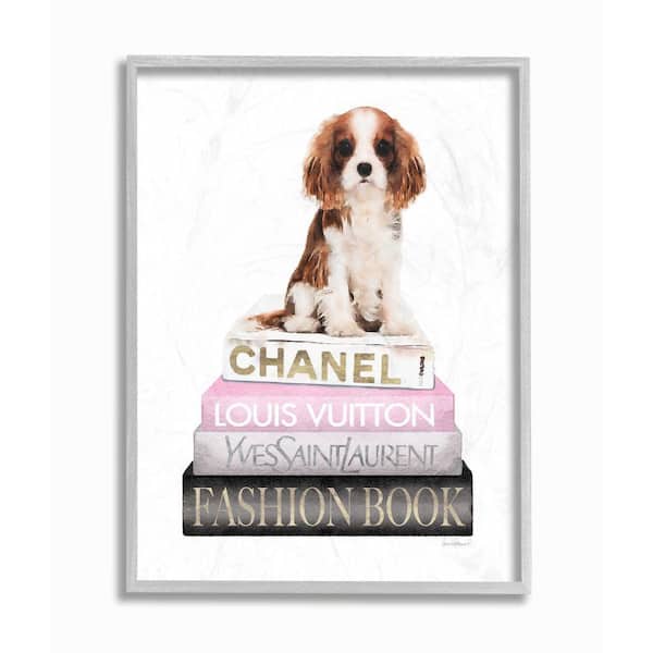 "Resting Spaniel Puppy and Iconic Fashion Bookstack" by Amanda Greenwood Framed Animal Wall Art Print 16 in. x 20 in.