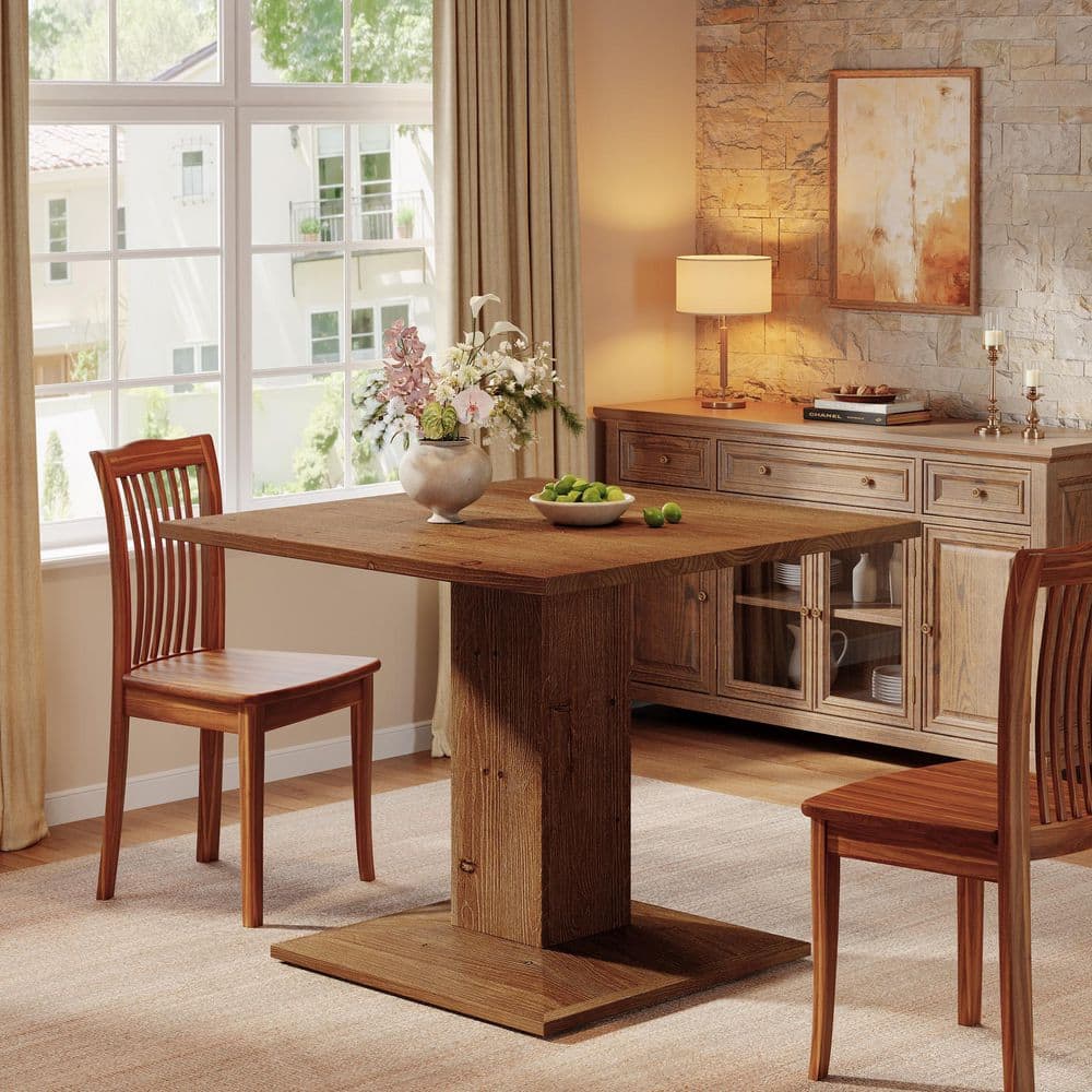 Roesler Brown Wood Square Dining Table, Farmhouse Pedestal Small Dining Table for 4