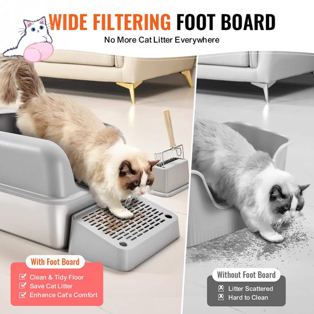 Light Gray Stainless Steel Extra Large Cat Litter Box with Scoop