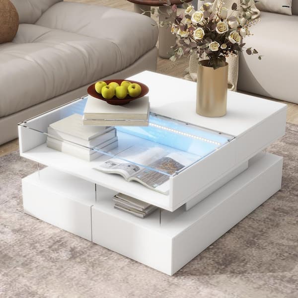 29.5 in. White Lift-Top Square Glass Top Coffee Table with 2 Drawers, High-Gloss Finish, LED Light, Hidden Storage