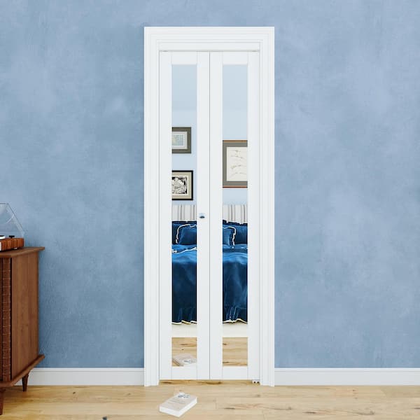 28 in. x 80 in. 1-Lite Mirrored Glass and Solid Core White Finished Close MDF Bi-fold Door with Hardware