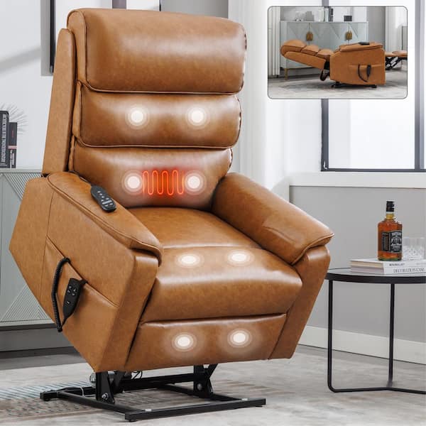 Brown Yellow Faux Leather Power Lift Recliner Chair with Power-Remote, Heat Massage and Heavy Duty Motion Mechanism