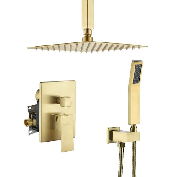 1-Spray Patterns with 2.5 GPM 10 in. Ceiling Mount Dual Shower Heads with Pressure Balance Valve in Brushed Gold