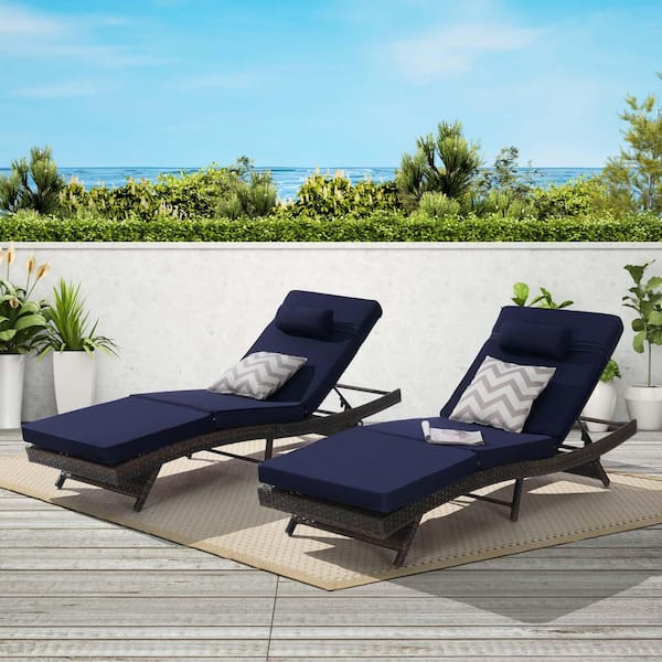 Unbranded 2 Pieces Wicker Outdoor Lounge Chair, Reclining Chair, 5-Adjustable Angles with Dark Blue Cushion for Poolside Garden