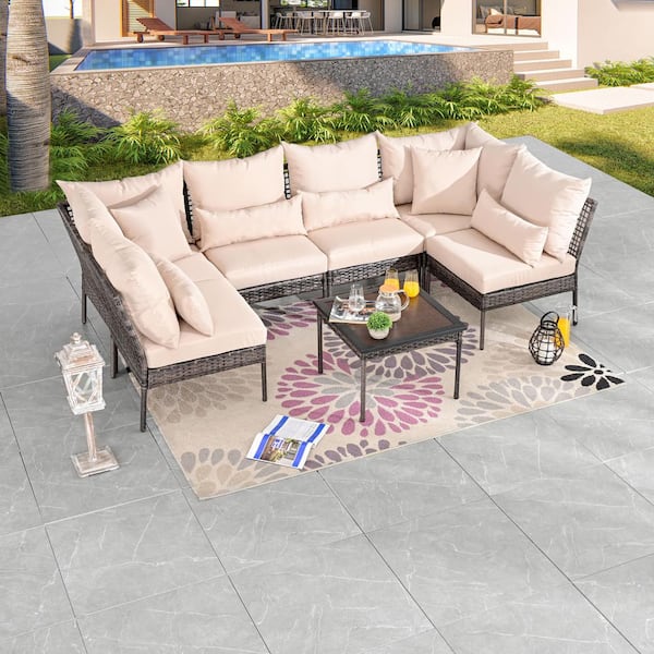 7-Piece Wicker Outdoor Conversation Set with Beige Cushions