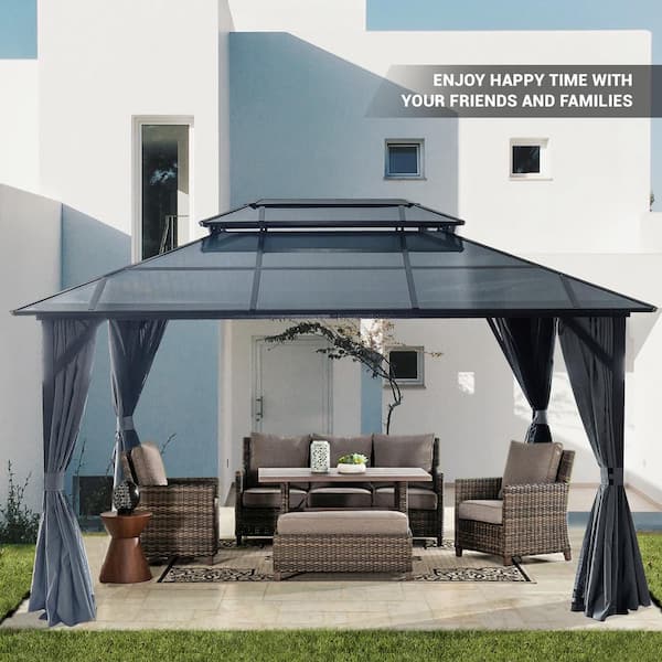 Unbranded 10 ft. x 13 ft. Outdoor Aluminum Double Galvanized Steel Roof Pavilion with Ceiling Hooks, Mosquito Net and Curtains