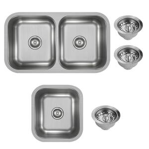 Dayton Undermount Stainless Steel 32 in. Double Bowl Kitchen Sink with 17 in. Bar Sink and Drains