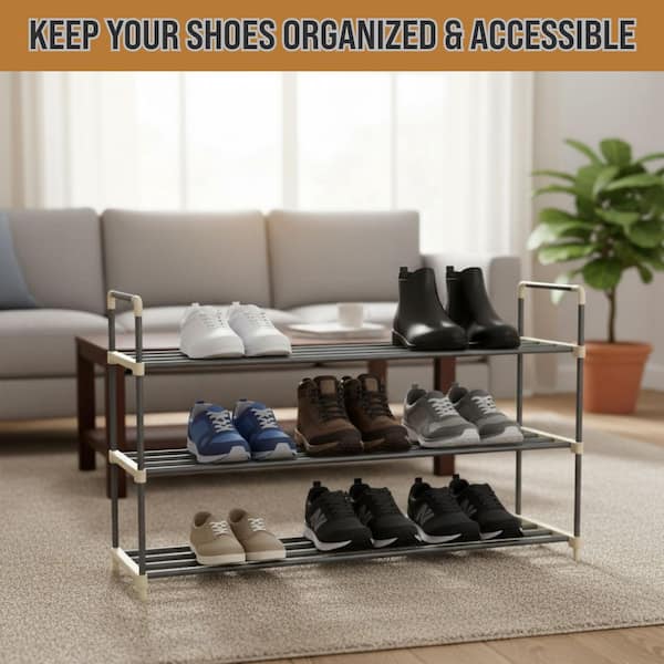 HOME-COMPLETE 21.2 H 18-Pair 3-Tier Gray Plastic Shoe Rack