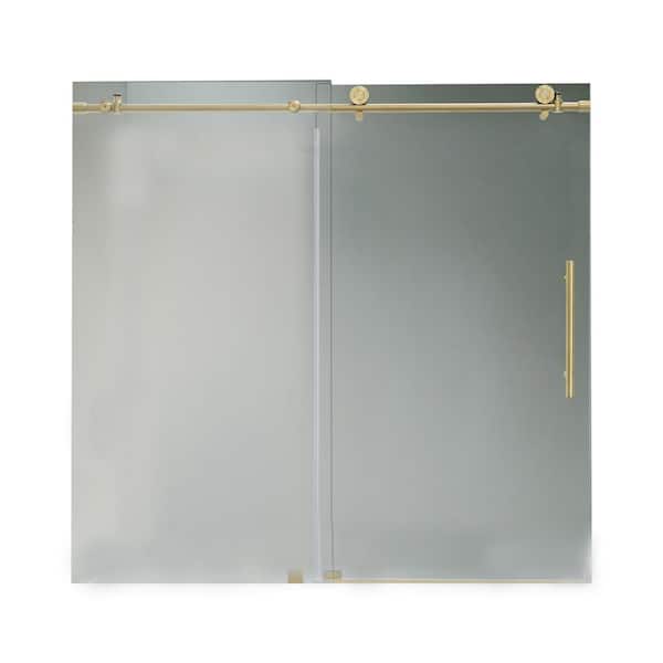 Vanity Art 60 in. W x 76 in. H Frameless Sliding Shower Door in Titanium Gold with Explosion-Proof Clear Glass