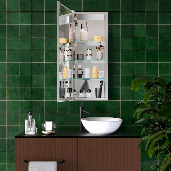 12 in. W x 30 in. H Rectangular Aluminum Alloy Medicine Cabinet with Mirror and Adjustable Shelf, Left Swing