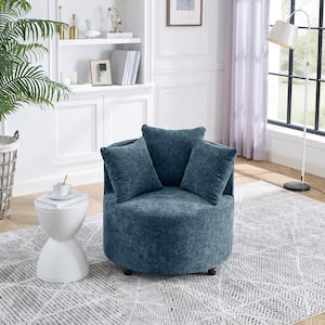 Navy Velvet Upholstered Accent Swivel Chair Barrel Living Room Sofa Chair with Movable Wheels and 3-Pillows