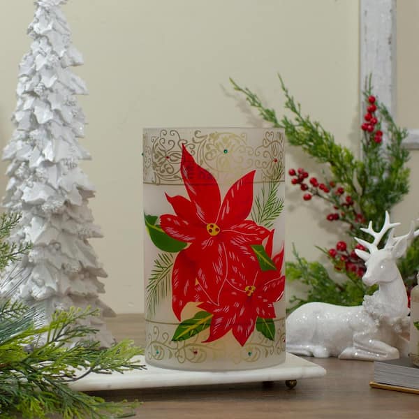 10 in. Hand-Painted Red Poinsettias and Gold Flameless Glass Christmas  Candle Holder