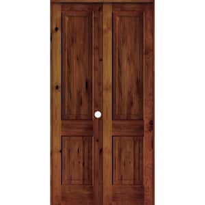 48 in. x 96 in. Rustic Knotty Alder 2-Panel Square Top Left-Handed Red Chestnut Stain Wood Double Prehung Interior Door
