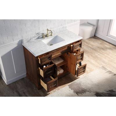 48 in. W x 22 in. D x 36.2 in. H Free-Standing Bathroom Vanity Side Cabinet in Brown with Carrara White Marble Top