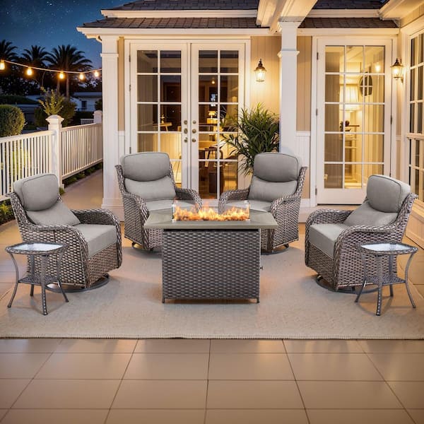 MoonLuxe Brown Wicker Fire Pit Conversation Set with Gray Olefin 6 in. Thick Cushions Patio Swivel Chairs (7-Piece)
