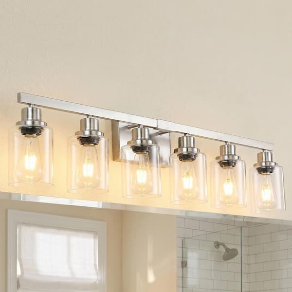 37 in. 6-Light Brushed Nickel Vanity Light with Clear Glass Shade Wall Light Fixture for Powder Room and Bathroom