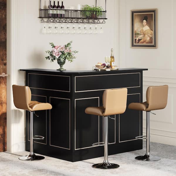 Kearsten Black 44.09 in. Corner Bar L-Shaped Home Bar Table with Stemware Racks, 4-Tier Bar Cabinet Unit Liquor Table