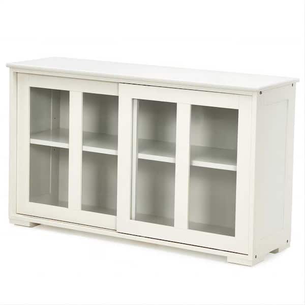 Bunpeony 42 in. W x 24.5 in. H x 13in. D White Wooden Pantry Freestanding Kitchen Storage Cabinet with 2-Glass Sliding Door