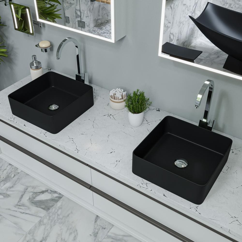 Black Matte Square Ceramic Bathroom Sink 15.13"