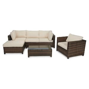 4-Piece Wicker Patio Sectional Seating Set with Beige Cushions