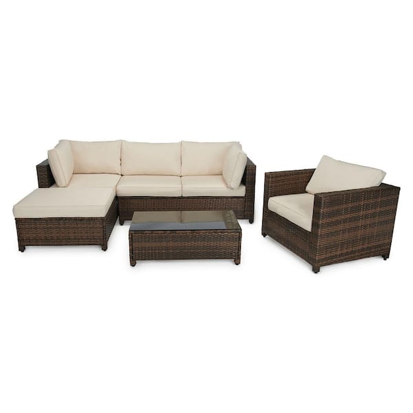 EDYO LIVING 4-Piece Wicker Patio Sectional Seating Set with Beige Cushions