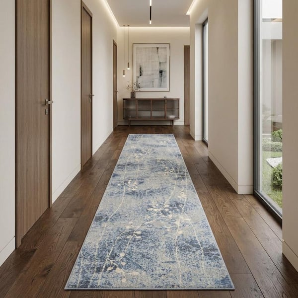 2 ft. x 10  ft. Blue, Ivory Floral Washable Runner Rug