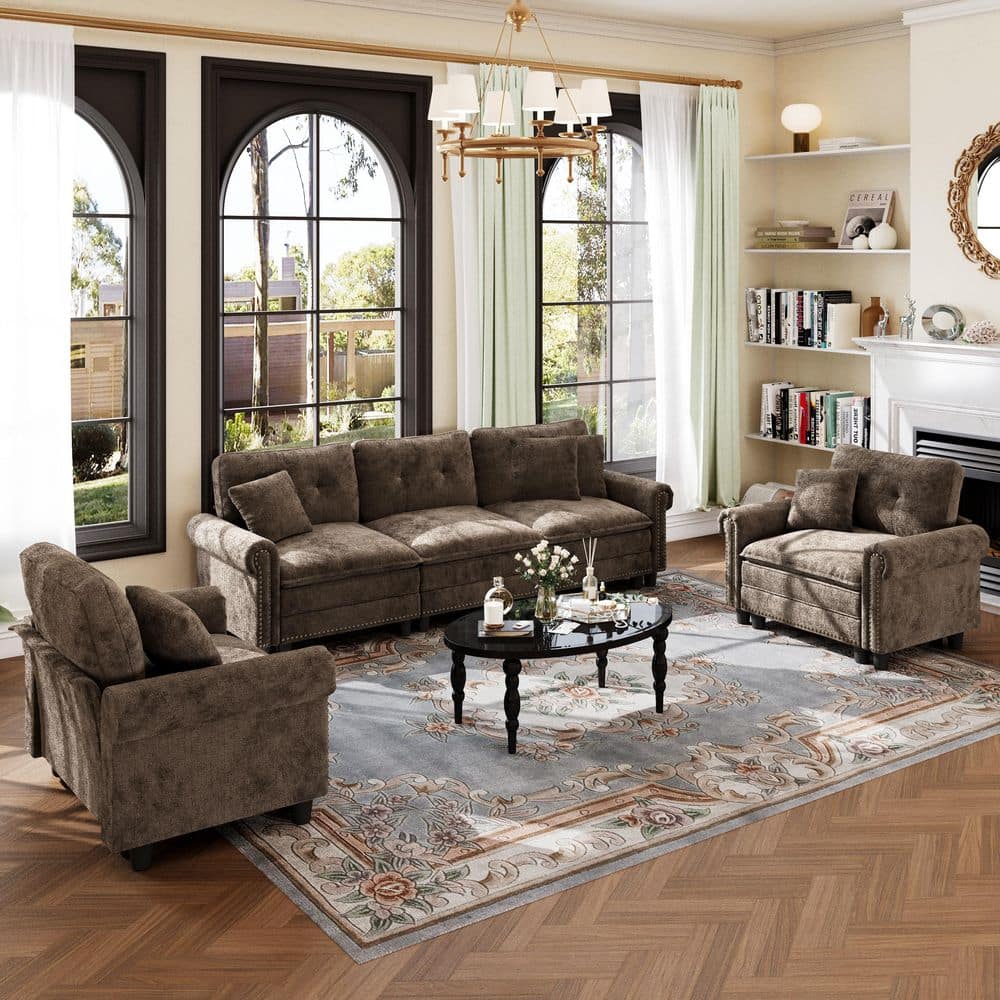 113.8 in. Roll Arm 5-Seat Chenille Modular Sectional Sofa in. Brown with Throw Pillows price history on PriceWatchPro