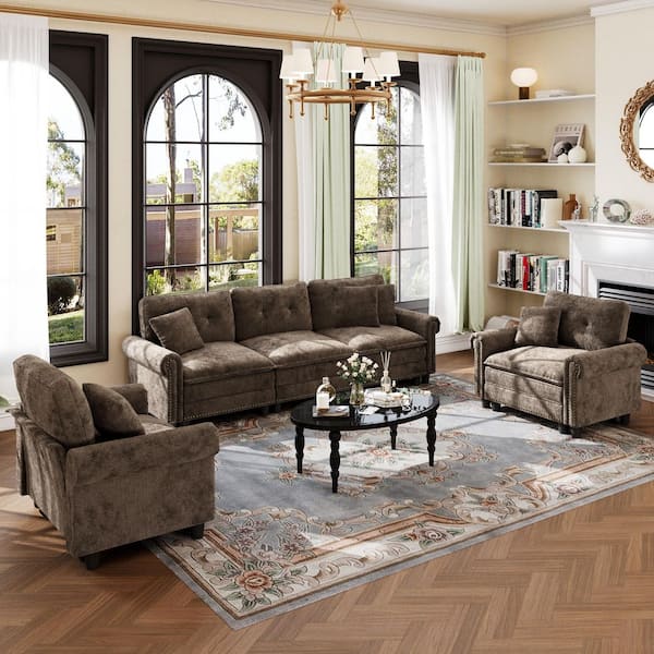 113.8 in. Roll Arm 5-Seat Chenille Modular Sectional Sofa in. Brown with Throw Pillows