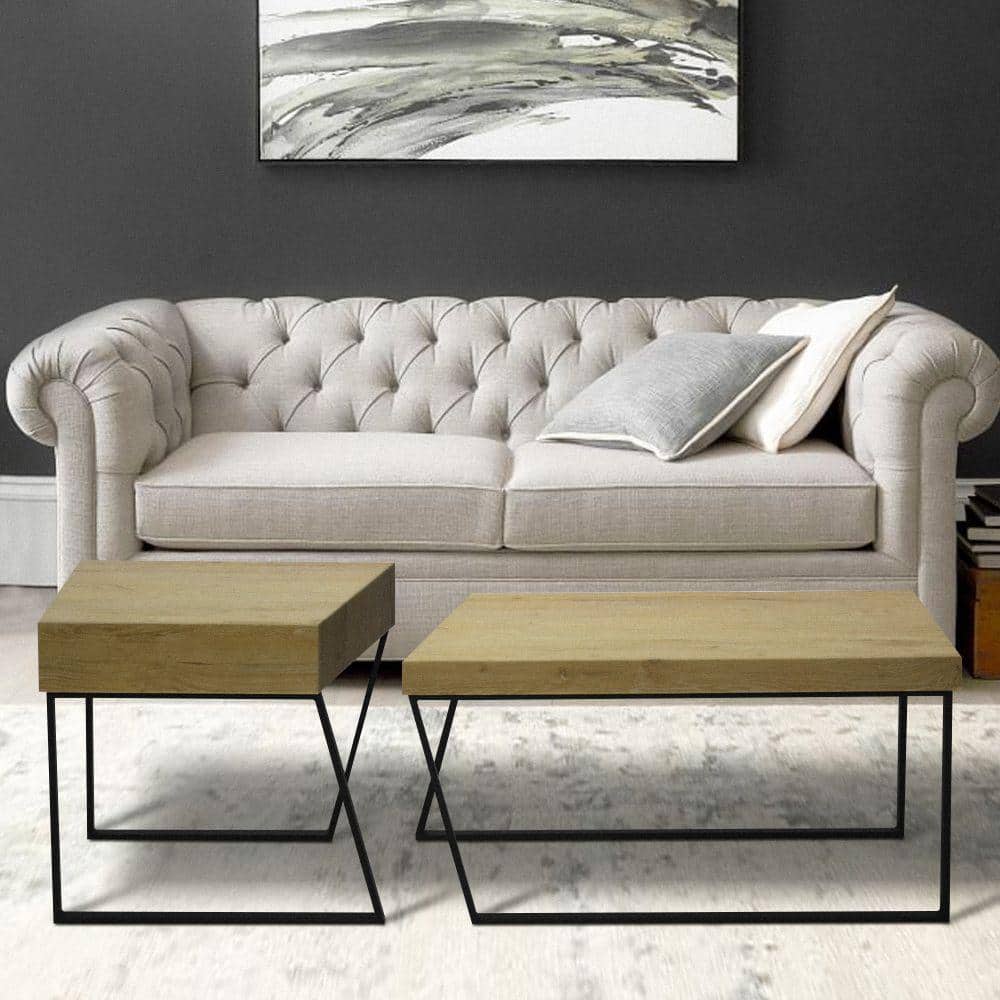Oak Brown Rectangular Coffee Table with Black Metal Frame and Storage