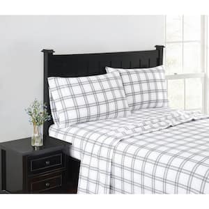 4-Piece White and Grey Plaid Flannel Cotton Full Sheet Set