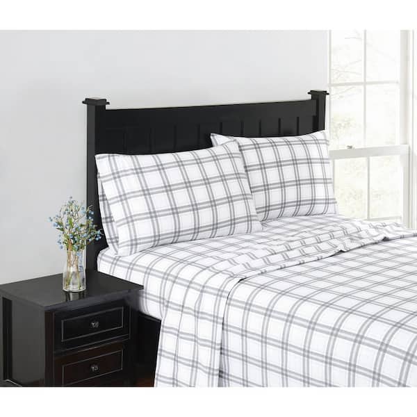 London Fog 4-Piece White and Grey Plaid Flannel Cotton Full Sheet Set