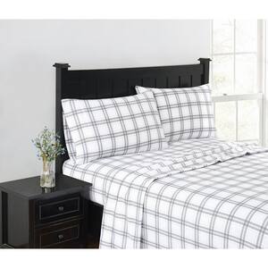 4-Piece White and Grey Plaid Flannel Cotton King Sheet Set
