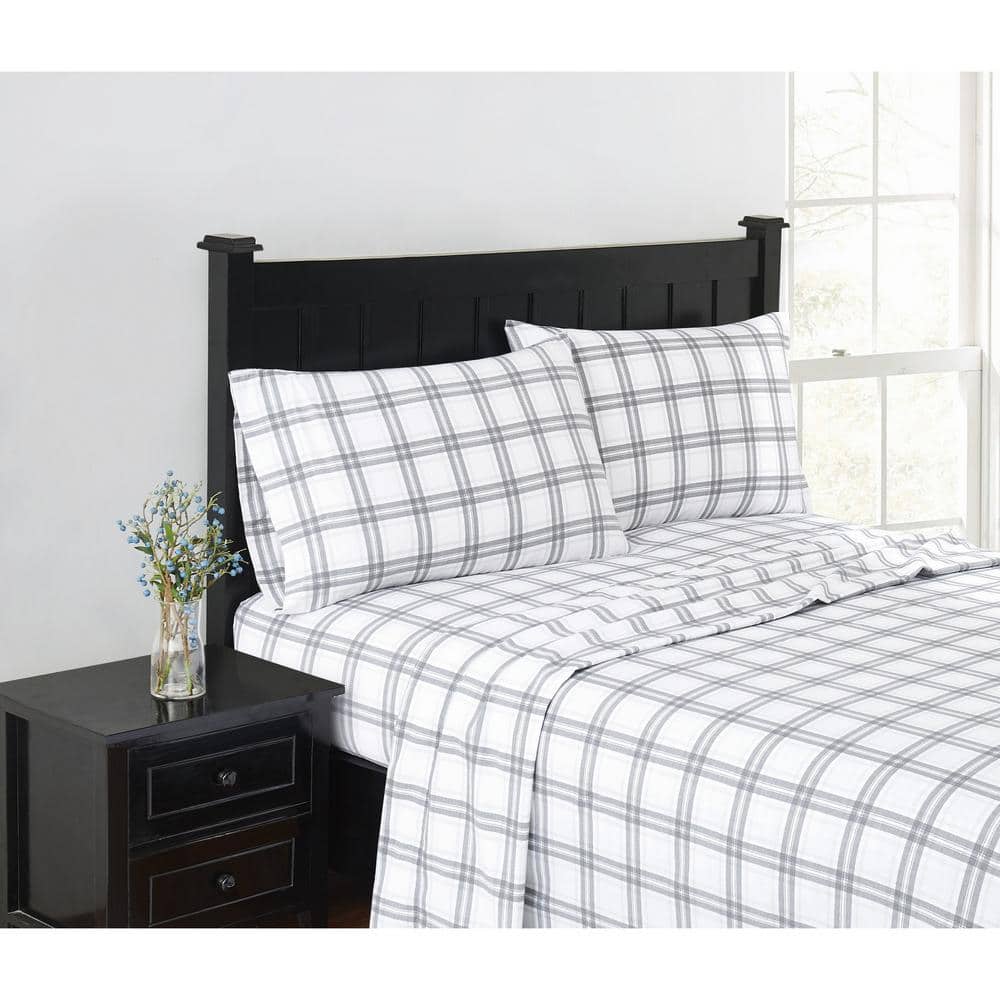 Queen Grey Plaid Cotton Flannel Sheet Set