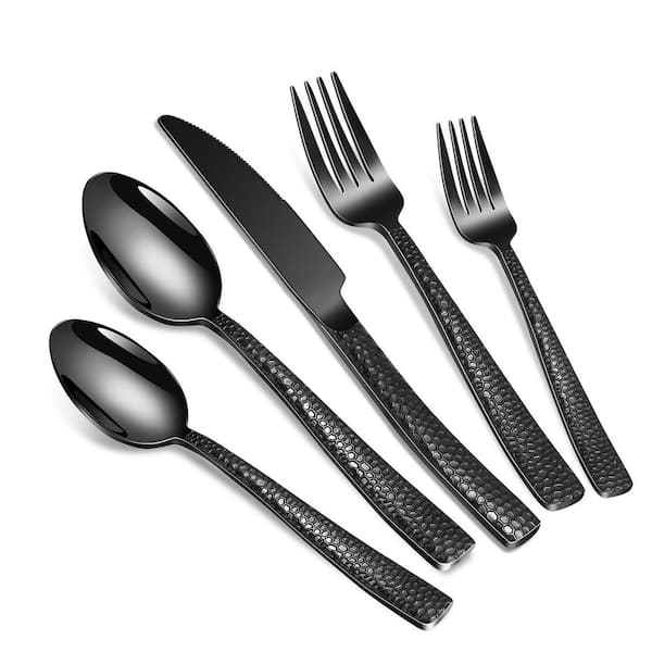20-Piece Black Hammered Stainless Steel Flatware Set (Service for 4), Including Fork, Knife, Spoon Set, Dishwasher Safe