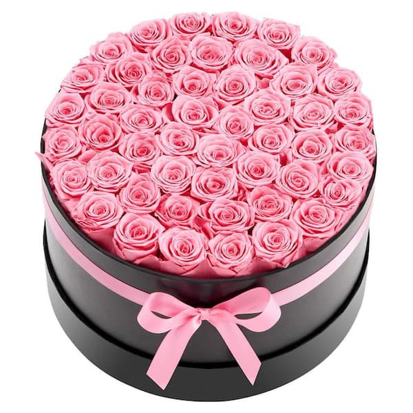50 Preserved Roses in a Box, 6.5 in. Pink Indoor Artificial Rose in Black Basket Container, Long-Lasting Floral