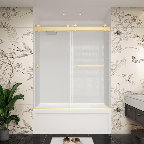 YINVANI 60 in. W x 66 in. H Double Sliding Frameless Soft Close Bypass Bath Tub Door in Brushed Gold with 3/8 in. Clear Glass