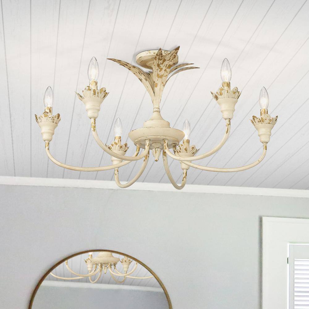 Lillianne Antique Ivory 6-Light Glass Semi-Flush Mount