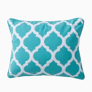 Karolynna Teal, White Embroidered Lattice 14 in. x 18 in. Throw Pillow