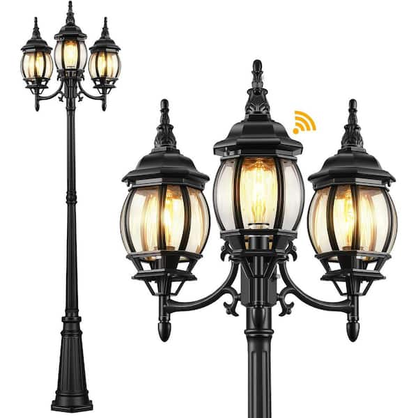 Outdoor 3-Head Lamp Post with Dusk-to-Dawn Sensor, Waterproof Aluminum Body, Tempered Glass Panels for Backyard & Garden