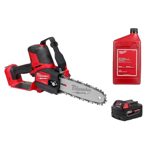 M18 FUEL 18V Lithium-Ion Brushless Battery 8 in. HATCHET Mini Chainsaw w/ M18 5.0 Ah Battery, 1 Quart Bar & Chain Oil