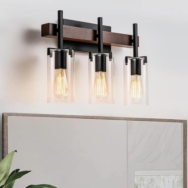 EDISLIVE Amelia 20.07 in. 3-Light Farmhouse Black Bathroom Vanity Light with Wood
