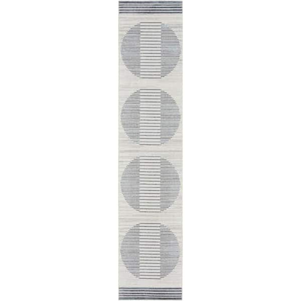 Astra Machine Washable Ivory Blue 2 ft. x 10 ft. Linear Contemporary Kitchen Runner Area Rug