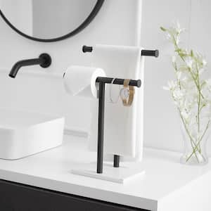 Freestanding Tower Bar with Natural Marble Base 2-Tier Towel Racks For Bathroom Kitchen Vanity Countertop in Matte Black