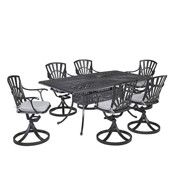 HOMESTYLES Grenada Charcoal Gray 7-Piece Cast Aluminum Rectangular Outdoor Dining Table with Gray Cushions